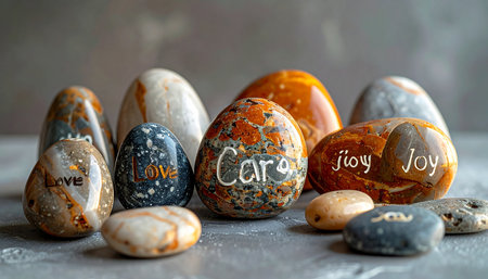 A collection of smooth, polished stones rests on a textured surface, each one carefully lettered with a word of encouragement. Words like Joy, Care, and Hope offer a tangible reminder for mindfulness and positive affirmation, creating a serene still life that speaks to wellness and inner peace.の素材