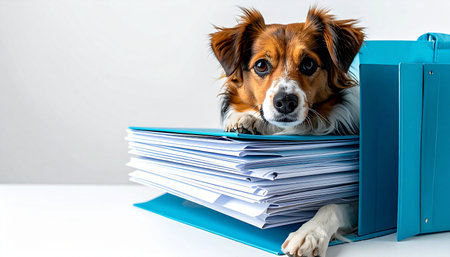 A humorous scene unfolds as an adorable dog, looking utterly overwhelmed, peeks out from a massive stack of paperwork in a blue file box. This charming image perfectly captures the feeling of being buried in work, office stress, or the delightful chaos a pet can bring to the workplace. Its a relatable metaphor for deadlines, bureaucracy, and needing a helping paw.の素材