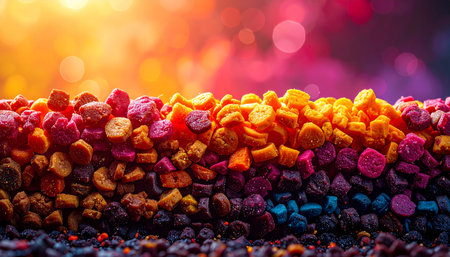 A vibrant mound of colorful polymer granules glows under a warm, artistic light, symbolizing the intersection of industrial manufacturing and creative potential. This macro shot captures the raw material of innovation, ready to be transformed into future products.の素材