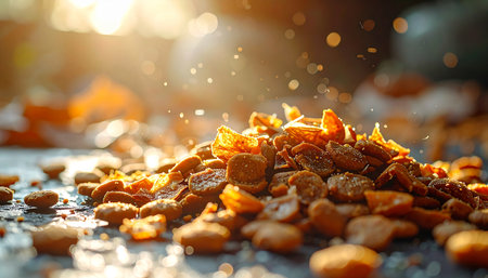 A mound of golden bee pollen granules glows in the warm, ethereal light of a setting sun. Tiny particles dance in the air, highlighting the natural, raw purity of this superfood, a testament to the diligent work of bees.の素材