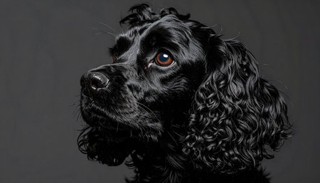A stunning studio portrait capturing the soulful and pensive gaze of an elegant black cocker spaniel. The dramatic lighting highlights the rich texture of its curly coat and the deep emotion in its eyes, set against a simple dark grey background. This image evokes feelings of loyalty, quiet contemplation, and timeless companionship.の素材