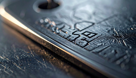 A macro view reveals an intricate symbol etched into a cold, hard steel surface. The play of light and shadow across the textured metal hints at a story of precision craftsmanship, enduring legacy, and a secret held permanently within its form.の素材
