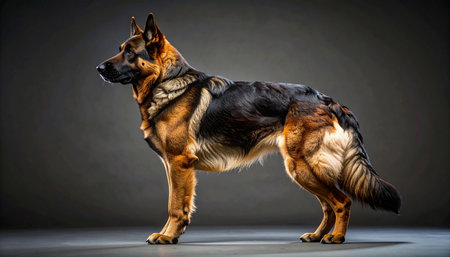 A magnificent German Shepherd stands at attention in a classic profile pose against a dark studio background. Its powerful physique, alert expression, and noble bearing convey a sense of loyalty, intelligence, and unwavering protection. This image captures the essence of a trusted companion and a vigilant guardian.の素材