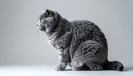 A beautiful grey Scottish Fold cat sits in quiet contemplation against a minimalist studio background. Its elegant profile and serene expression evoke a sense of calm, grace, and the peaceful nature of a beloved domestic companion.の素材