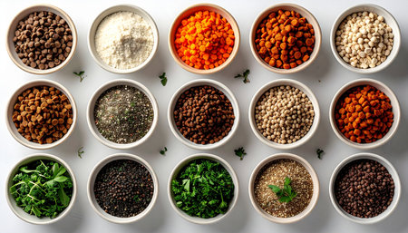 A colorful mosaic of culinary potential, this top-down view showcases a diverse collection of aromatic spices, wholesome legumes, and fresh herbs. Each bowl holds a promise of flavor, inviting a journey into healthy, creative cooking and global cuisine.の素材
