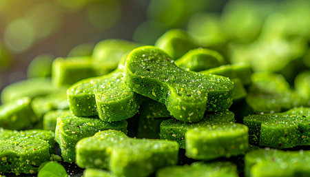 A close-up macro shot captures a pile of vibrant green, bone-shaped dog treats. Bathed in soft, natural light, these nutritious biscuits highlight a commitment to healthy, plant-based pet care and wholesome ingredients for a happy companion.の素材