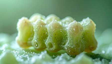 In a quiet, sunlit underwater world, a delicate clutch of translucent eggs clings to a vibrant green leaf. Each tiny sphere holds the promise of new life, a miniature ecosystem buzzing with potential, marking the start of a new generation.の素材
