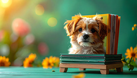 A fluffy, intelligent puppy sits thoughtfully behind a stack of books in a sun-drenched garden. Bathed in warm, golden light with a soft bokeh background, this charming scene captures the innocence and curiosity of early learning and the joy of discovering new stories.の素材