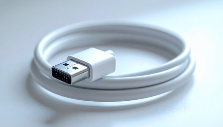 A clean, white USB cable lies coiled, ready to bridge the gap between devices. It represents the essential link for power and data transfer in our modern digital world, a symbol of connectivity and seamless information flow.の素材