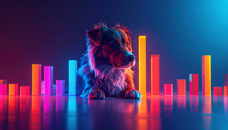 In a world illuminated by streams of data and vibrant analytics, a loyal canine companion sits patiently. This image represents the intersection of technology and companionship, perfect for concepts of digital innovation, user-friendly interfaces, or the future of pet tech.の素材
