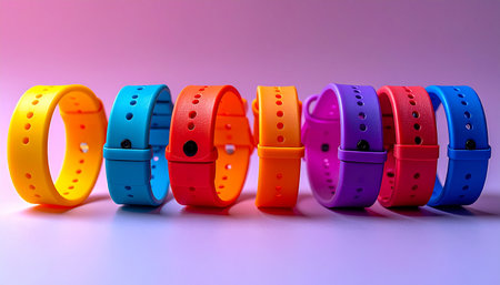 A vibrant spectrum of interchangeable fitness tracker bands stands ready for action. Each color represents a different style or mood, offering endless personalization for your daily health and wellness journey.の素材