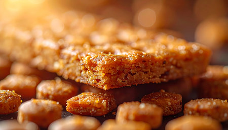 A detailed macro shot captures the rich, wholesome texture of an oat granola bar. Bathed in a warm, golden light, this image evokes a sense of natural energy and a healthy start, perfect for concepts of wellness, nutrition, and balanced living.の素材