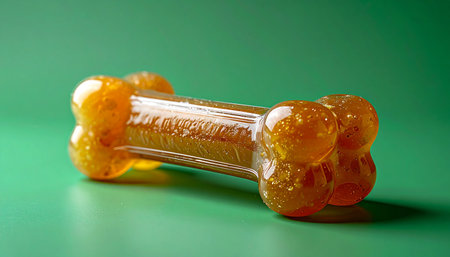 A close-up studio shot of a durable, amber-colored dog bone chew toy, perfectly placed on a vibrant green background. This image represents pet care, positive reinforcement training, and providing healthy, engaging toys for a beloved canine companion.の素材