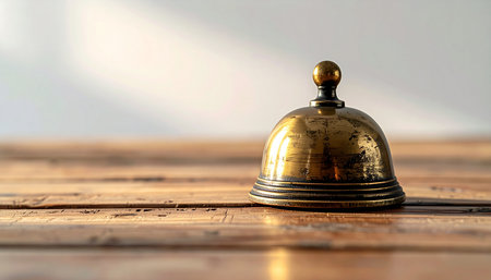 A classic brass service bell rests on a weathered wooden counter, bathed in soft natural light. This timeless object symbolizes a call for attention, excellent customer service, and the enduring charm of traditional hospitality.の素材