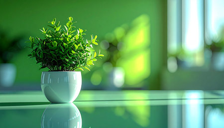 A small potted plant sits on a glossy green table, its reflection shimmering on the surface. In the background, soft morning light streams through a window, creating a peaceful and serene atmosphere perfect for a modern, eco-conscious office or home interior.の素材