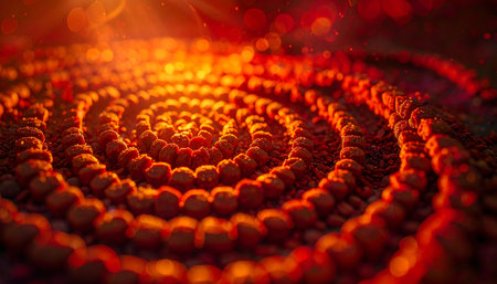 A sacred spiral of ancient beads glows with an inner fire, radiating warmth and mystical energy from its core. This hypnotic pattern represents a journey to the center, a symbol of creation, infinity, and spiritual awakening in the deep, tranquil darkness.の素材