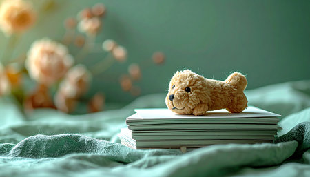 A well-loved vintage puppy toy rests on a stack of old cards, a forgotten keepsake from a gentle childhood. In the soft, dreamy light of a quiet room, it holds silent stories and nostalgic memories, a symbol of comfort and the simple joys of the past.の素材
