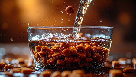 A dynamic close-up captures the moment water is poured into a glass bowl of dry kibble. The energetic splash and rising bubbles signify preparation and hydration, creating a visually appealing scene related to pet care and nutrition.の素材
