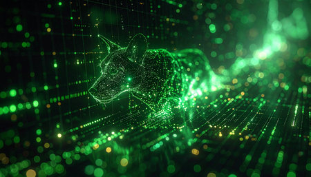 A powerful digital bull, constructed from a glowing green plexus network, charges through a sea of data points. This dynamic visual represents bullish market trends, financial technology fintech, big data analysis, and the unstoppable force of AI in the modern economy.の素材