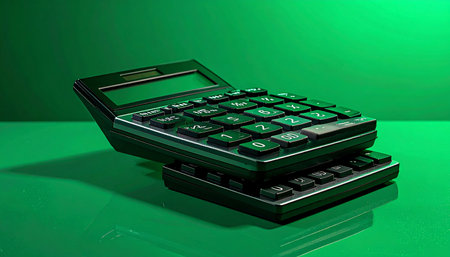 Under a monochromatic green light, a calculator rests on a reflective surface, symbolizing the critical process of financial analysis. This image represents budgeting, accounting, and strategic planning in a modern business environment.の素材