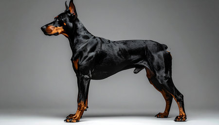 A magnificent Doberman Pinscher stands at attention, its powerful muscles and sleek black coat highlighted against a neutral studio background. This image captures the breeds renowned elegance, intelligence, and unwavering loyalty, making it a perfect symbol of protection and nobility.の素材
