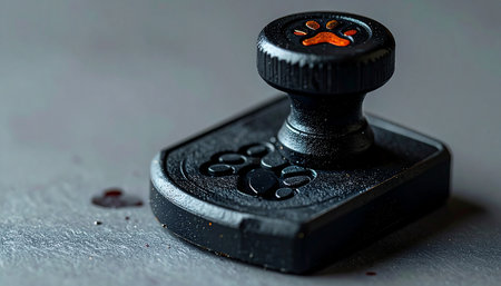 A close-up of a black rubber stamp with a paw print seal, resting on a concrete surface next to a fresh ink blot. This image symbolizes official approval, certification, and quality control for pet-related businesses, such as veterinary clinics, groomers, or adoption agencies.の素材