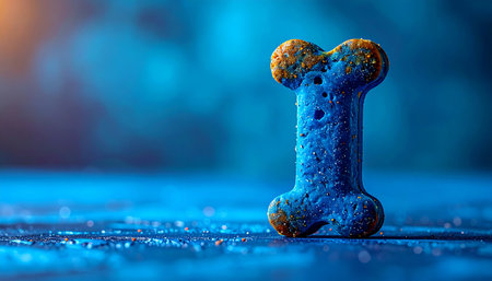 A single, gourmet blue dog biscuit stands alone, illuminated by dramatic, cinematic lighting. The cool blue tones and mysterious atmosphere suggest a special, high-quality treat for a beloved pet, perfect for premium pet food branding.の素材