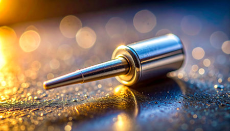 A macro photograph captures the intricate detail of a precision-engineered metal component, resting on a wet, reflective surface. The dramatic interplay of warm and cool lighting with a beautiful bokeh background highlights themes of advanced technology, innovation, and meticulous manufacturing.の素材