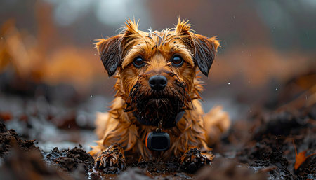 A scruffy and adventurous terrier takes a well-deserved rest in a muddy puddle after a long day of exploring the autumn woods. With a focused and charming gaze, this loyal companion embodies the spirit of outdoor fun and messy joy.の素材