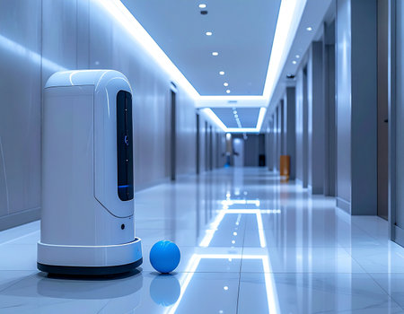 In the quiet, blue-lit corridor of a high-tech facility, an autonomous service robot pauses on its route. Next to it rests a small blue ball, a curious juxtaposition of advanced AI and simple play, hinting at a future where technology and humanity intersect.の素材