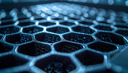 A macro perspective reveals the intricate details of a glowing blue hexagonal grid. The shallow depth of field creates a sense of mystery and depth, suggesting a complex network, advanced technology, or a futuristic digital landscape. Its an ideal background for concepts of innovation, data security, and scientific discovery.の素材