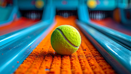 In a vibrant, colorful bowling alley, a lone tennis ball sits poised for an unconventional game. This playful and absurd scene captures a moment of creative rule-breaking, symbolizing innovation, a fresh perspective, and the fun of thinking outside the box.の素材