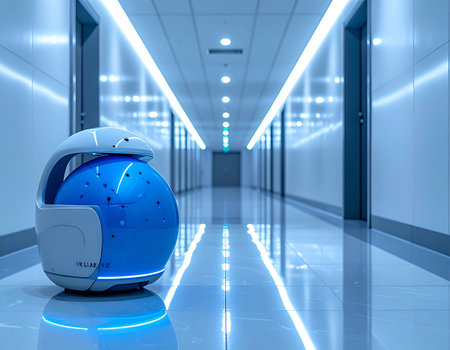 An autonomous service robot glides silently down a brightly lit, futuristic corridor, representing the pinnacle of modern automation. Its sleek, spherical design reflects the clean lines of the high-tech environment, symbolizing progress, efficiency, and the future of automated logistics and assistance.の素材
