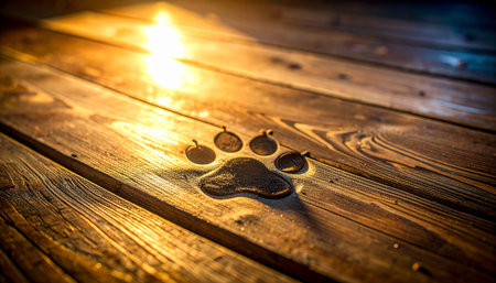 A single, glowing paw print is left behind on a rustic wooden surface, illuminated by a warm, golden light. This poignant image symbolizes the lasting impression and unforgettable memory of a beloved pet, representing love, loyalty, and a journey that will never be forgotten.の素材