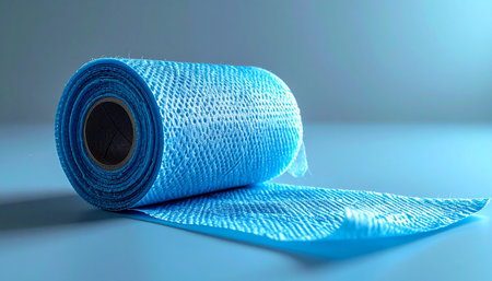 A close-up view of a roll of advanced blue composite fabric, its intricate woven texture gleaming under cool studio light. This high-performance material represents the future of lightweight, durable construction, symbolizing innovation and engineering excellence.の素材