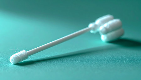 A single, sterile cotton swab rests on a clean teal surface, its soft fibers ready for a precise task. The focused lighting highlights its simple design, suggesting applications in healthcare, beauty, or detailed cleaning. It represents purity, care, and meticulous attention to detail.の素材