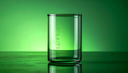 An empty glass beaker sits poised against a vibrant green background, symbolizing a fresh start in scientific research, environmental innovation, or medical discovery. The clean, minimalist composition represents clarity, precision, and the potential for a breakthrough.の素材