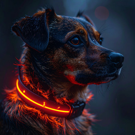 A loyal canine companion stands alert during a nighttime walk, its path illuminated by a vibrant, glowing neon collar. This beacon of safety cuts through the darkness, highlighting the dogs watchful gaze and readiness for adventure.の素材