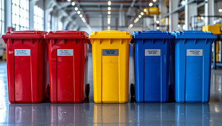 A row of vibrant red, yellow, and blue recycling containers stands ready for use on the polished floor of a large, modern industrial facility. This organized system represents a commitment to sustainable practices and efficient waste management in the workplace.の素材