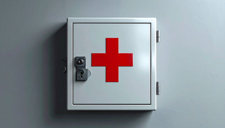 A locked white medical cabinet with a bold red cross symbol is mounted on a stark gray wall. The dramatic lighting suggests a sense of urgency and preparedness, symbolizing the critical importance of safety and immediate care in a time of need.の素材