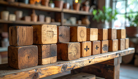 A collection of antique letterpress blocks rests on a well-worn workbench, each cube telling a story of past creations. The soft light of the artisans studio highlights the rich texture of the wood and the faded symbols, evoking a sense of history, craft, and timeless creativity.の素材
