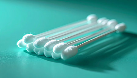 A neat stack of soft cotton swabs rests on a vibrant teal surface, representing the simple, essential tools for a fresh daily grooming and beauty routine. The minimalist composition evokes a sense of cleanliness, precision, and modern self-care.の素材