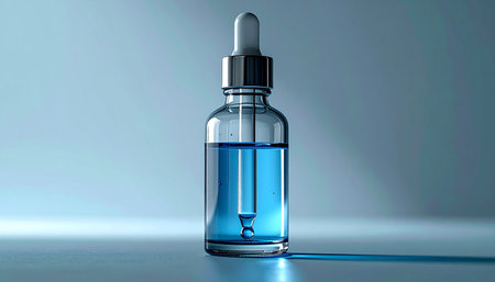 A single dropper bottle holds a potent blue serum, its clean lines and minimalist presentation suggesting scientific precision and the future of skincare. The cool, clinical lighting highlights the purity of the formula, promising rejuvenation and deep hydration in every drop.の素材