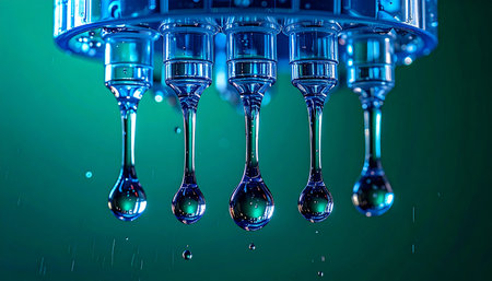 In a stunning macro view, perfectly formed water droplets hang suspended from a futuristic blue apparatus before falling. This image captures a moment of purity and technological precision, ideal for concepts related to innovation, science, hygiene, and environmental conservation.の素材