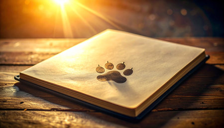 A single, muddy paw print marks the cover of a vintage journal, resting on a rustic wooden table. Bathed in a warm, ethereal sunbeam, the image evokes a sense of nostalgia and cherished memories, telling the silent story of a beloved pets journey and the unforgettable bond they left behind.の素材