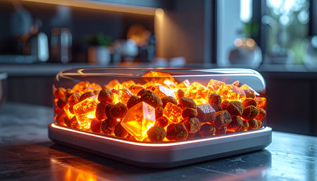 A futuristic tabletop lamp, filled with glowing embers, casts a warm and inviting ambient light across a modern kitchen countertop. This innovative piece of decor serves as a stunning centerpiece, blending cutting-edge technology with the primal comfort of a gentle fire, creating an atmosphere of cozy relaxation and sophisticated style.の素材