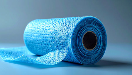 A close-up of a vibrant blue fiberglass casting roll, its textured surface ready to provide support and stability. This essential orthopedic supply represents the first step in healing, recovery, and mending broken bones, symbolizing care and medical innovation.の素材