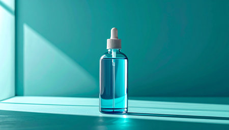 In a tranquil, monochromatic space, a single bottle of hydrating serum catches the morning light. The clean lines and calming teal tones evoke a sense of a modern self-care ritual, a moment of purity and rejuvenation to start the day.の素材