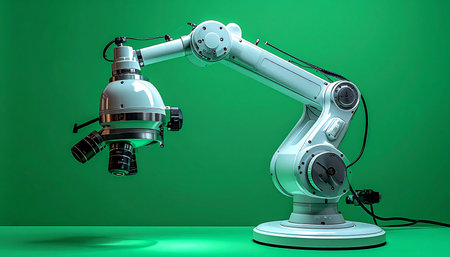 A state-of-the-art robotic arm is poised for action against a vibrant green screen, symbolizing the intersection of precision engineering and limitless digital possibilities. This image represents the future of automation, from advanced manufacturing to scientific research, ready to be integrated into any creative project.の素材