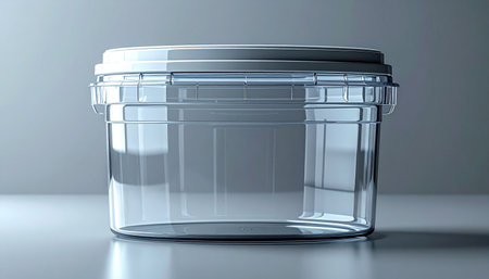 A pristine, transparent plastic container with a lid, presented as a versatile mockup on a clean, reflective surface. This image symbolizes clarity, modern packaging solutions, and a blank canvas for branding and product design.の素材